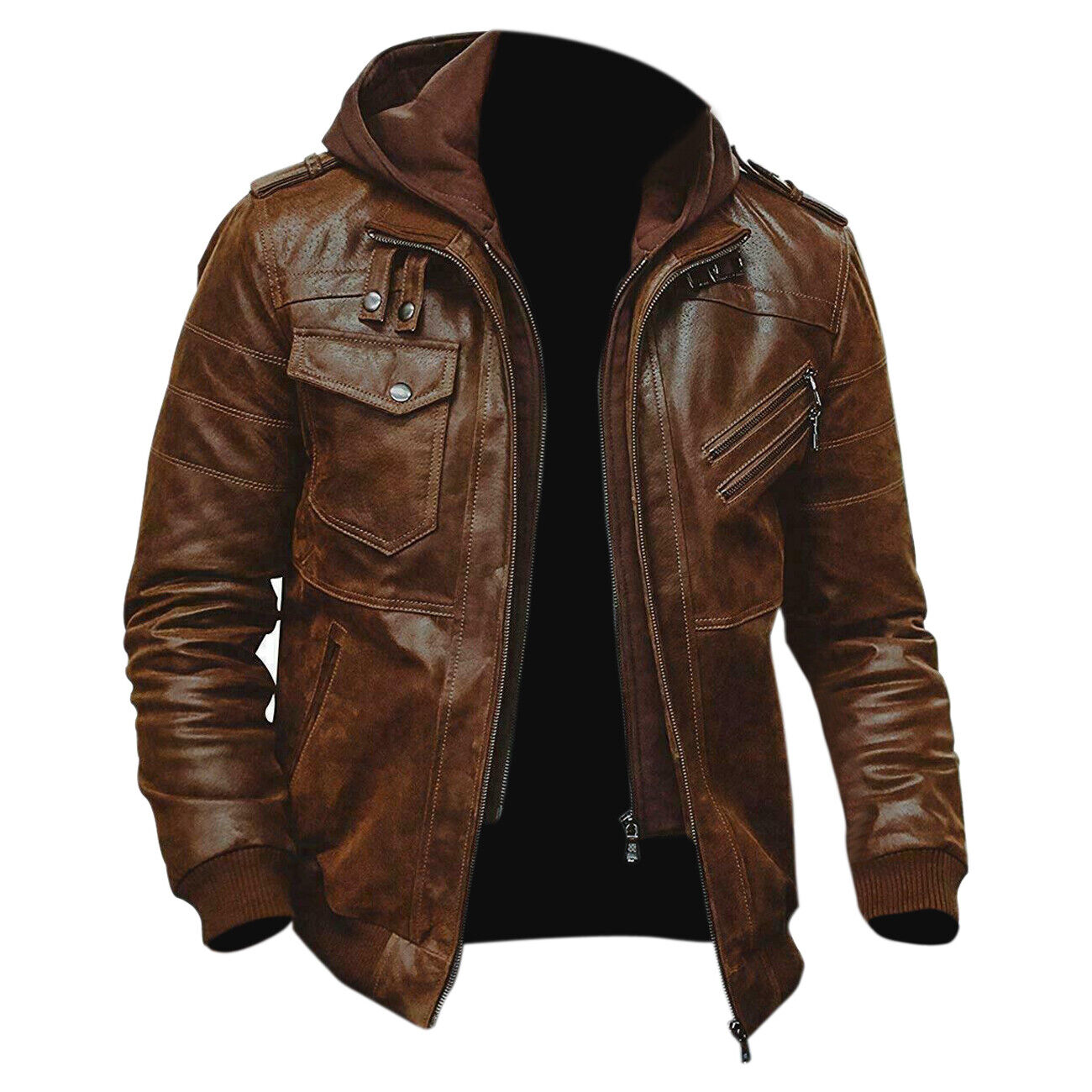 Ultimate Style and Comfort: Empowering Distressed Brown Detachable Hooded Jacket, Crafted from Luxurious Sheep Leather, Featuring a Dynamic Hooded Collar - Button Stitched