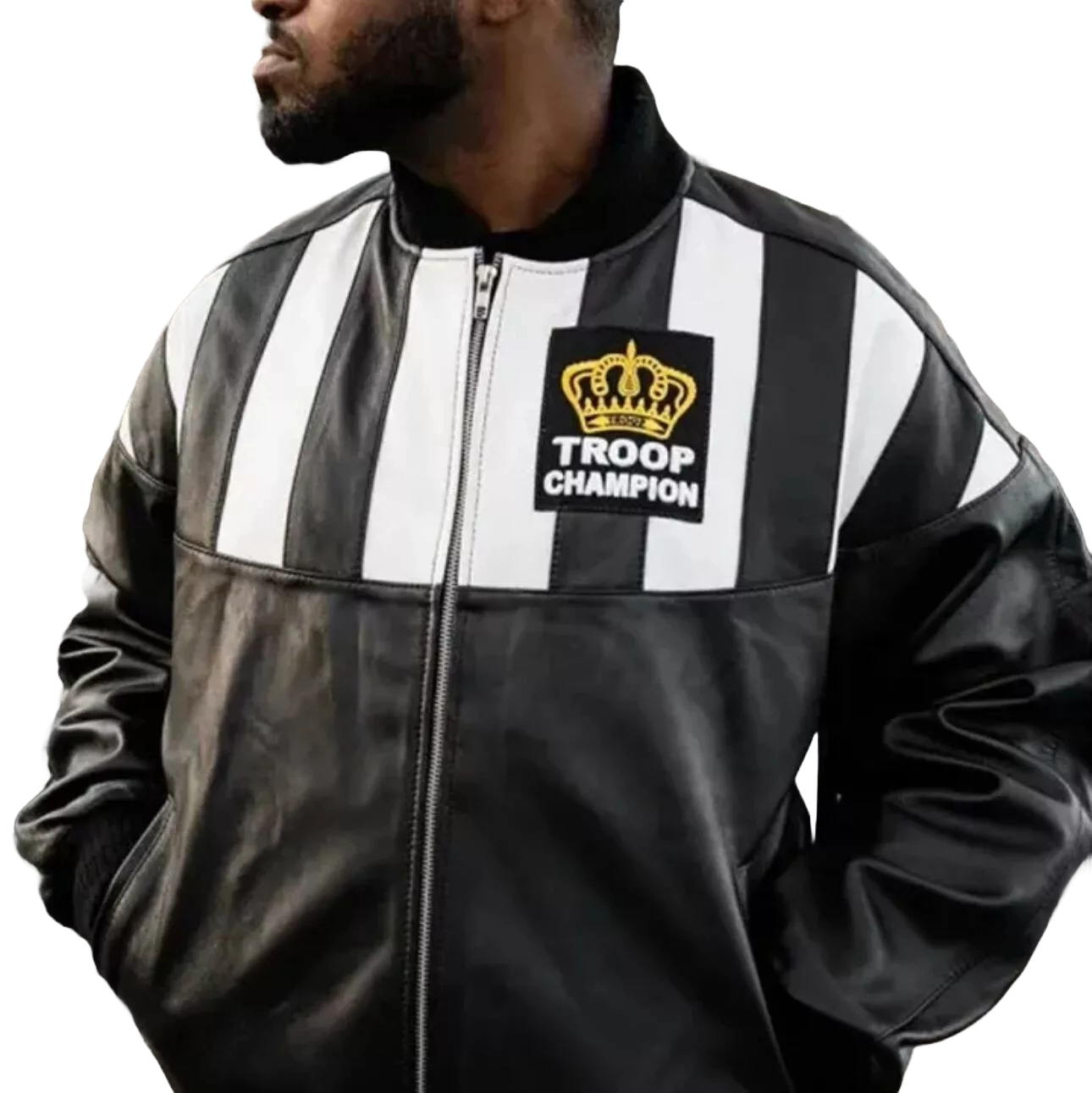 Men’s Troop Champion Leather Jacket – Black & White Retro Hip-Hop Streetwear Bomber