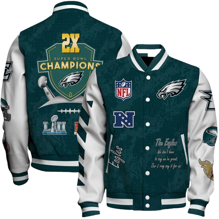 Philadelphia Eagles Super Bowl LIX Champions Jacket – 2X NFL Championship Varsity Bomber for Men & Women | Official Team Fan Gear