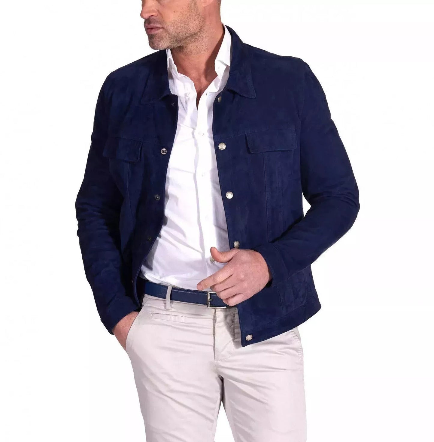Men’s Navy Blue Suede Leather Trucker Jacket – Western Style Outerwear, Genuine Pure Leather Coat