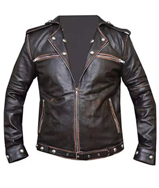 Men’s Fallout 3 Tunnel Snakes Rule Jacket – Vintage Black Real Leather Café Racer for Cosplay & Streetwear