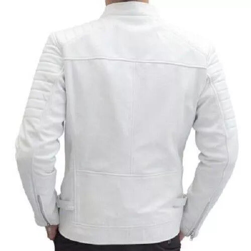 Men’s White Leather Motorcycle Jacket – Slim Fit Real Lambskin Biker Outerwear | Stylish Moto Streetwear Fashion