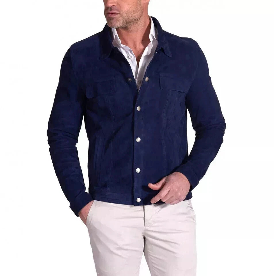 Men’s Navy Blue Suede Leather Trucker Jacket – Western Style Outerwear, Genuine Pure Leather Coat