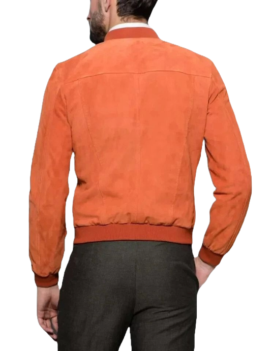 Men’s Orange Suede Bomber Jacket – Vintage Slim Fit Leather Outerwear for Streetwear & Casual Style