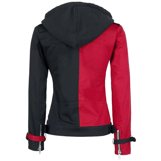 Women’s Harley Quinn Red & Black Biker Hoodie Jacket – Psychotic Cotton Zip-Up Cosplay Halloween Outerwear