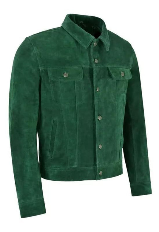 Men’s Green Suede Trucker Jacket – 100% Real Suede Leather Western Jean Style Outerwear for Casual Streetwear Fashion