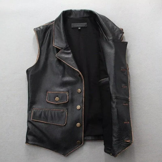 Men’s Black Distressed Leather Biker Vest – Real Motorcycle Riding Vest for Men | Vintage Sleeveless Moto Outerwear