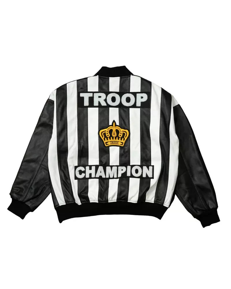 Men’s Troop Champion Leather Jacket – Black & White Retro Hip-Hop Streetwear Bomber