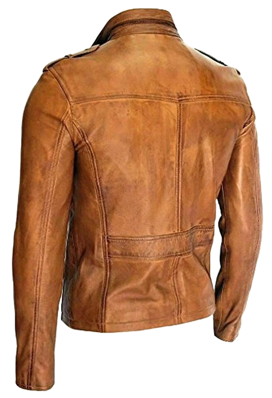 Men’s Tan Brown Distressed Lambskin Leather Biker Jacket – Motorcycle Outerwear for Rugged Street Style