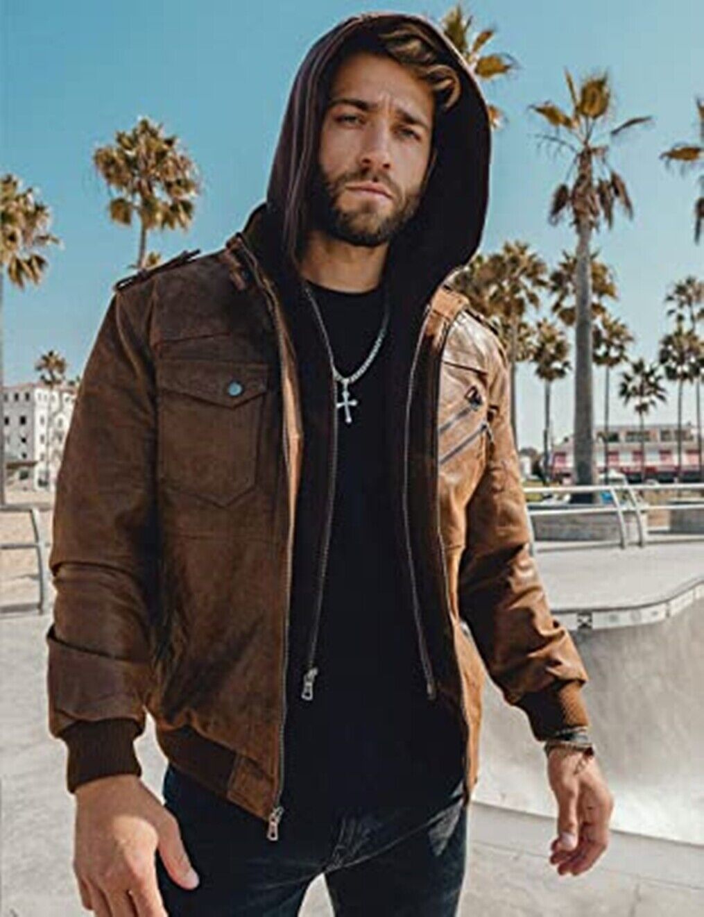 Ultimate Style and Comfort: Empowering Distressed Brown Detachable Hooded Jacket, Crafted from Luxurious Sheep Leather, Featuring a Dynamic Hooded Collar - Button Stitched