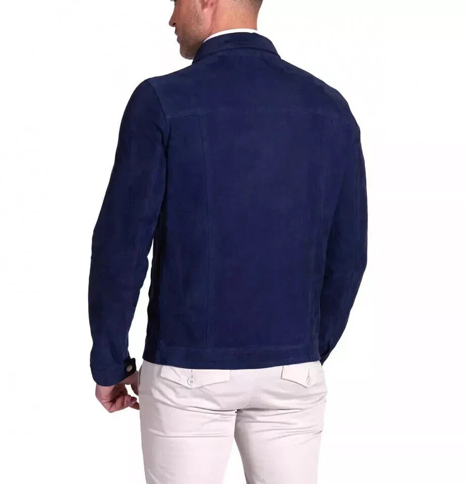 Men’s Navy Blue Suede Leather Trucker Jacket – Western Style Outerwear, Genuine Pure Leather Coat