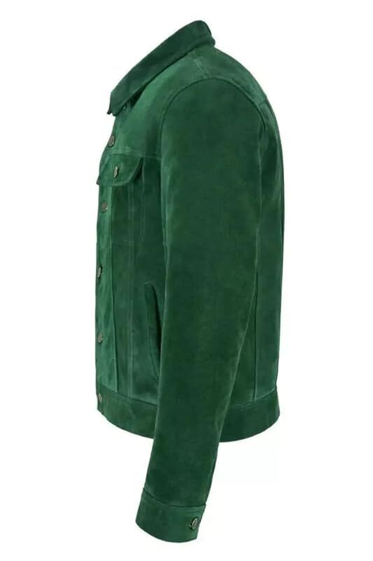 Men’s Green Suede Trucker Jacket – 100% Real Suede Leather Western Jean Style Outerwear for Casual Streetwear Fashion