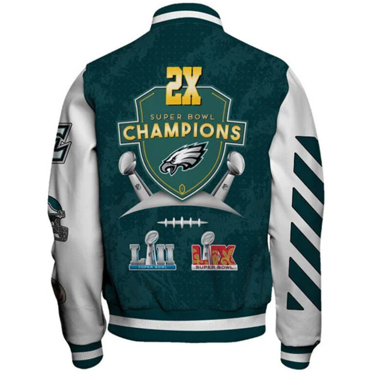 Philadelphia Eagles Super Bowl LIX Champions Jacket – 2X NFL Championship Varsity Bomber for Men & Women | Official Team Fan Gear
