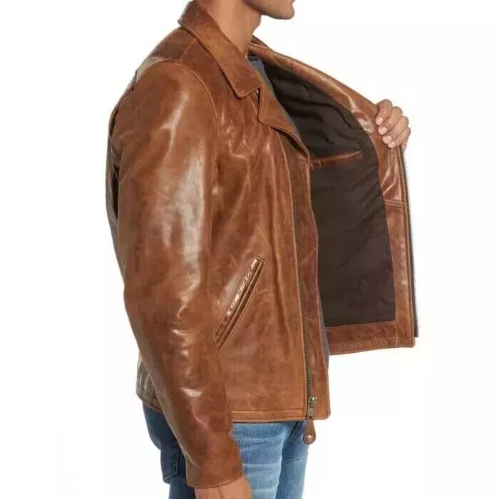 Men’s Tan Brown Lambskin Leather Biker Jacket – Brando Style Café Racer Motorcycle Riding Coat