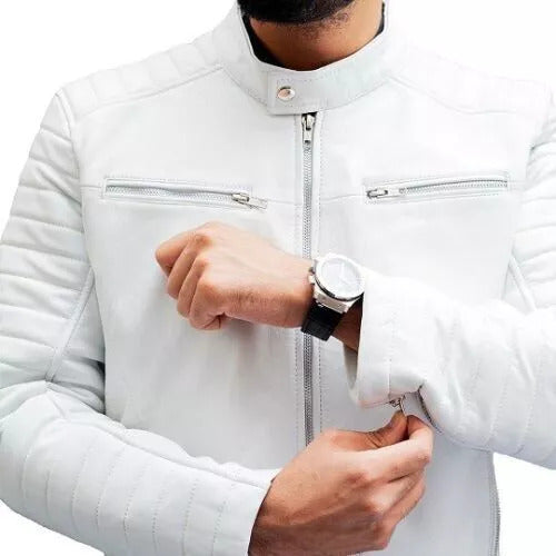 Men’s White Leather Motorcycle Jacket – Slim Fit Real Lambskin Biker Outerwear | Stylish Moto Streetwear Fashion