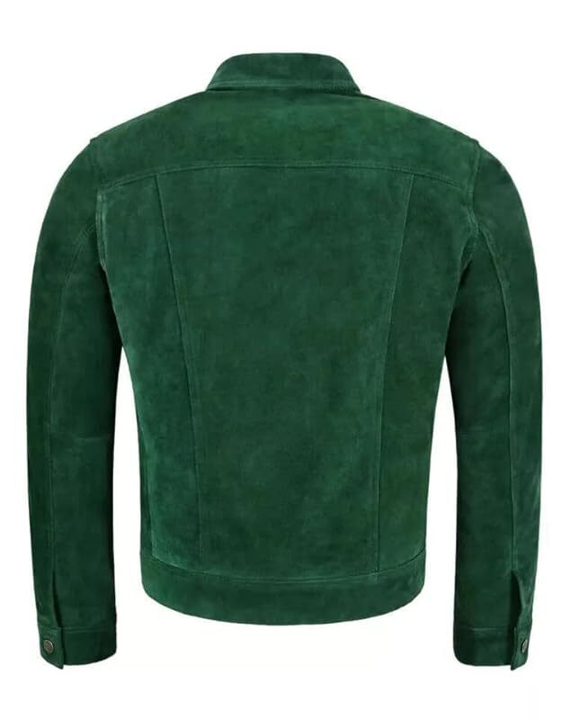 Men’s Green Suede Trucker Jacket – 100% Real Suede Leather Western Jean Style Outerwear for Casual Streetwear Fashion