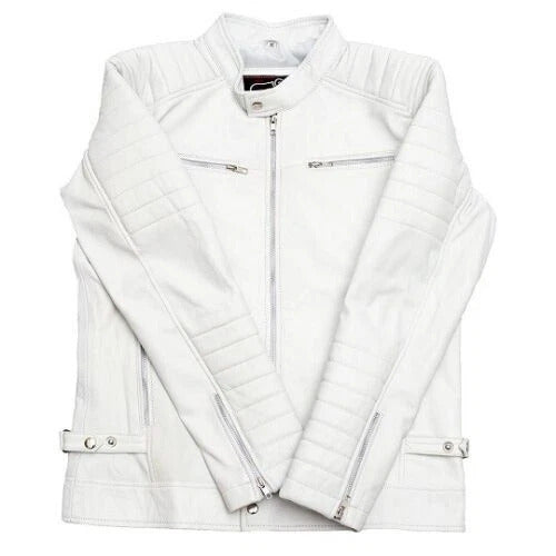 Men’s White Leather Motorcycle Jacket – Slim Fit Real Lambskin Biker Outerwear | Stylish Moto Streetwear Fashion