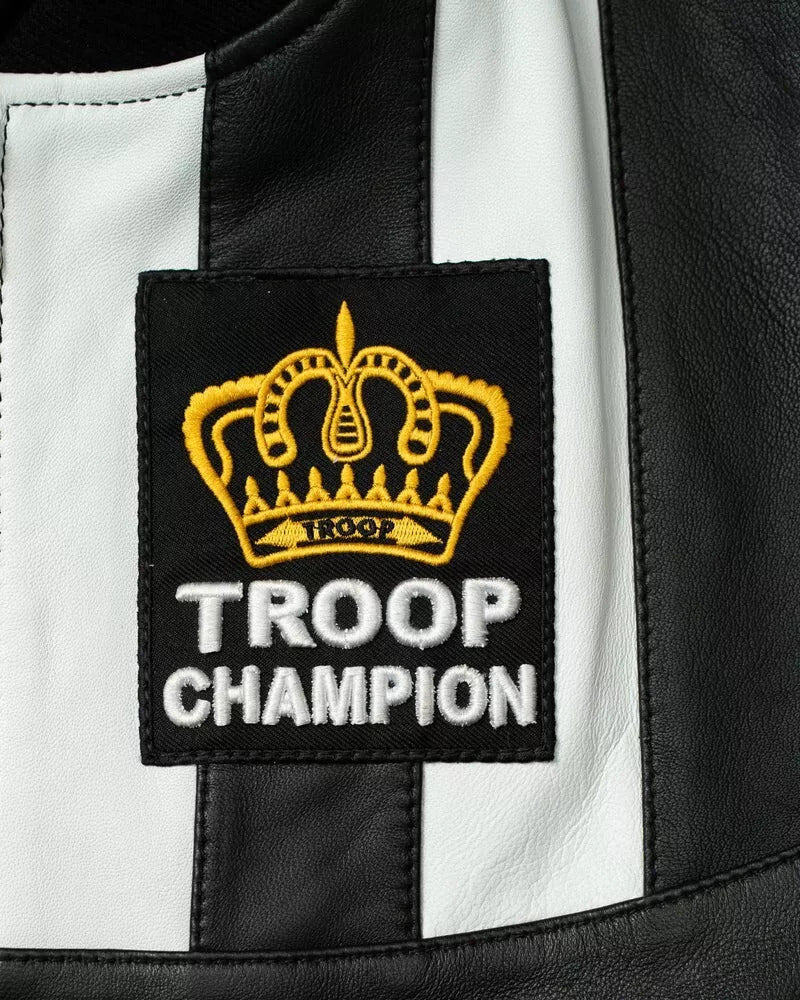 Men’s Troop Champion Leather Jacket – Black & White Retro Hip-Hop Streetwear Bomber