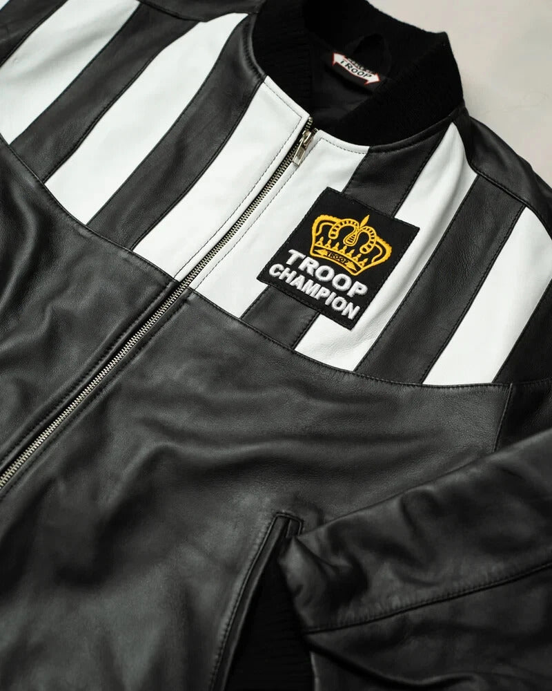 Men’s Troop Champion Leather Jacket – Black & White Retro Hip-Hop Streetwear Bomber