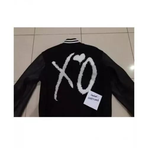 Men’s XO-Inspired Black Wool Varsity Bomber Jacket with Leather Sleeves | Weekend Letterman Streetwear Coat