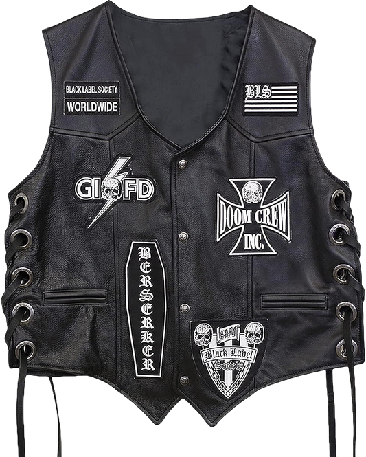 Black Label Society Leather Moto Vest - Button Stitched