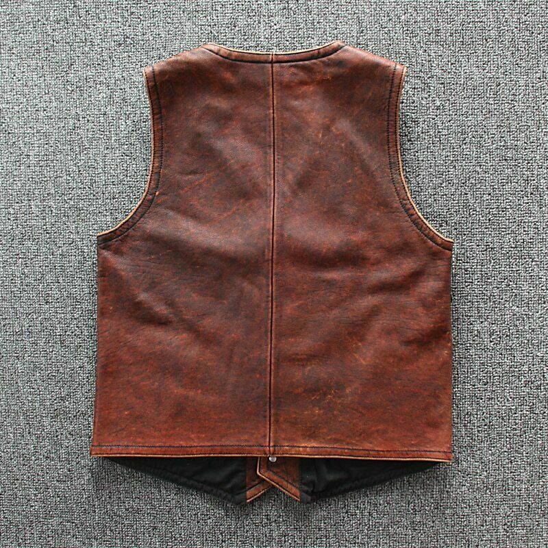 Timeless Vintage Brown Biker Vest: Empowering Power Motorcycle Leather Jacket - Button Stitched