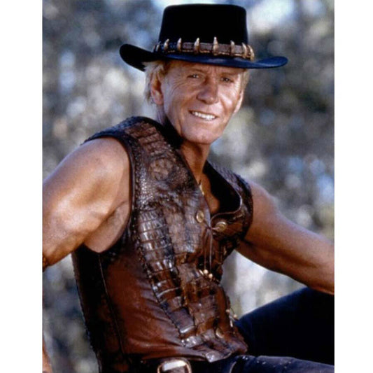 Men's Handmade Crocodile Pattern Dundee Mick Paul Hogan Brown Leather Vest Jacket | Vest for Men | Jacket for Men - Button Stitched