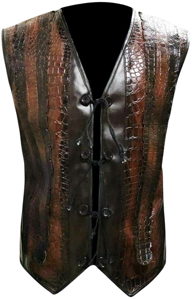 Men's Handmade Crocodile Pattern Dundee Mick Paul Hogan Brown Leather Vest Jacket | Vest for Men | Jacket for Men - Button Stitched