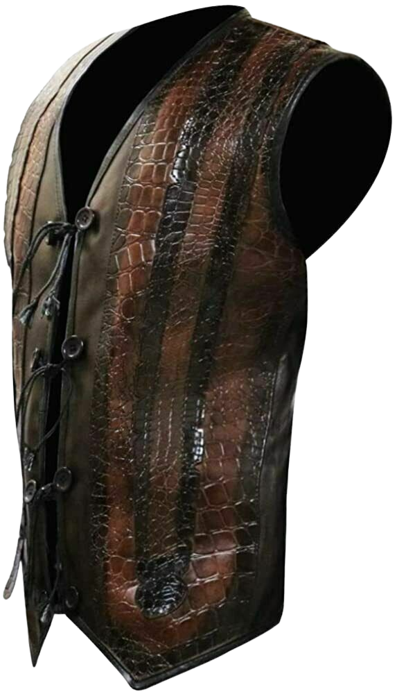 Men's Handmade Crocodile Pattern Dundee Mick Paul Hogan Brown Leather Vest Jacket | Vest for Men | Jacket for Men - Button Stitched