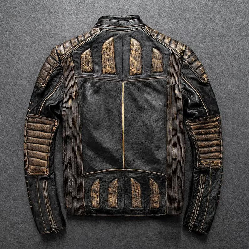 Revive Your Style with the Legendary 7-Sized Men's Vintage Biker Distressed Black Leather Jacket! - Button Stitched