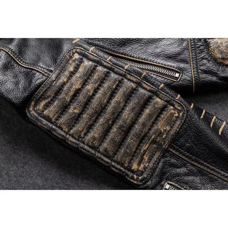 Revive Your Style with the Legendary 7-Sized Men's Vintage Biker Distressed Black Leather Jacket! - Button Stitched