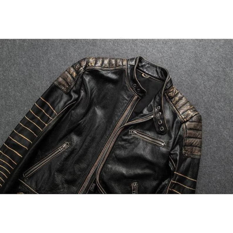 Revive Your Style with the Legendary 7-Sized Men's Vintage Biker Distressed Black Leather Jacket! - Button Stitched