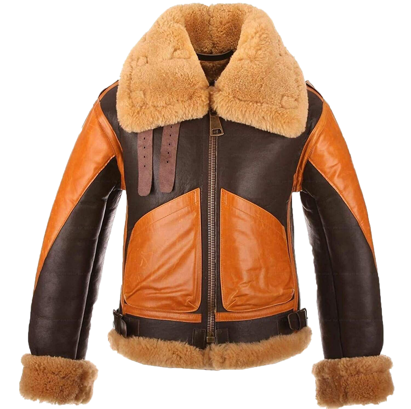 Elevate Your Style with the RAF Brown B3 Bomber Jacket: Genuine Sheepskin Shearling, Aviator-Inspired Design - Button Stitched