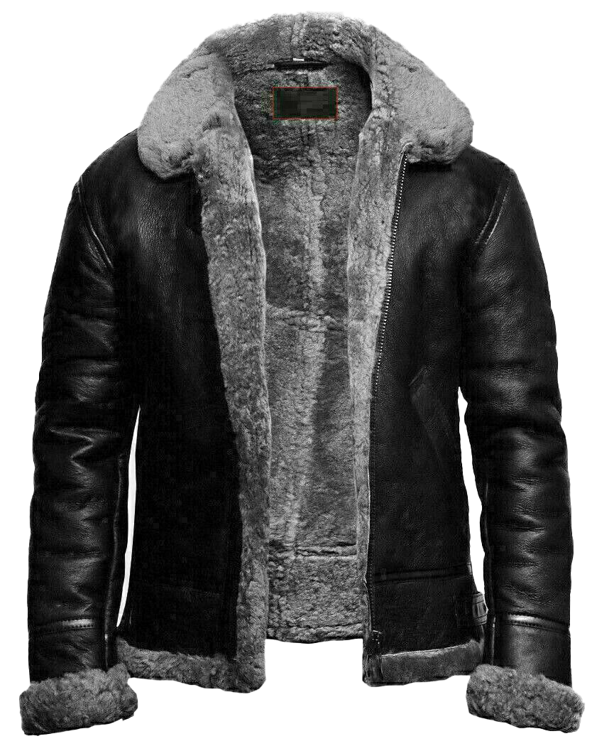 Men's RAF Aviator B3 Flying Bomber Sheep Skin Real Leather Jacket Black Grey - Button Stitched
