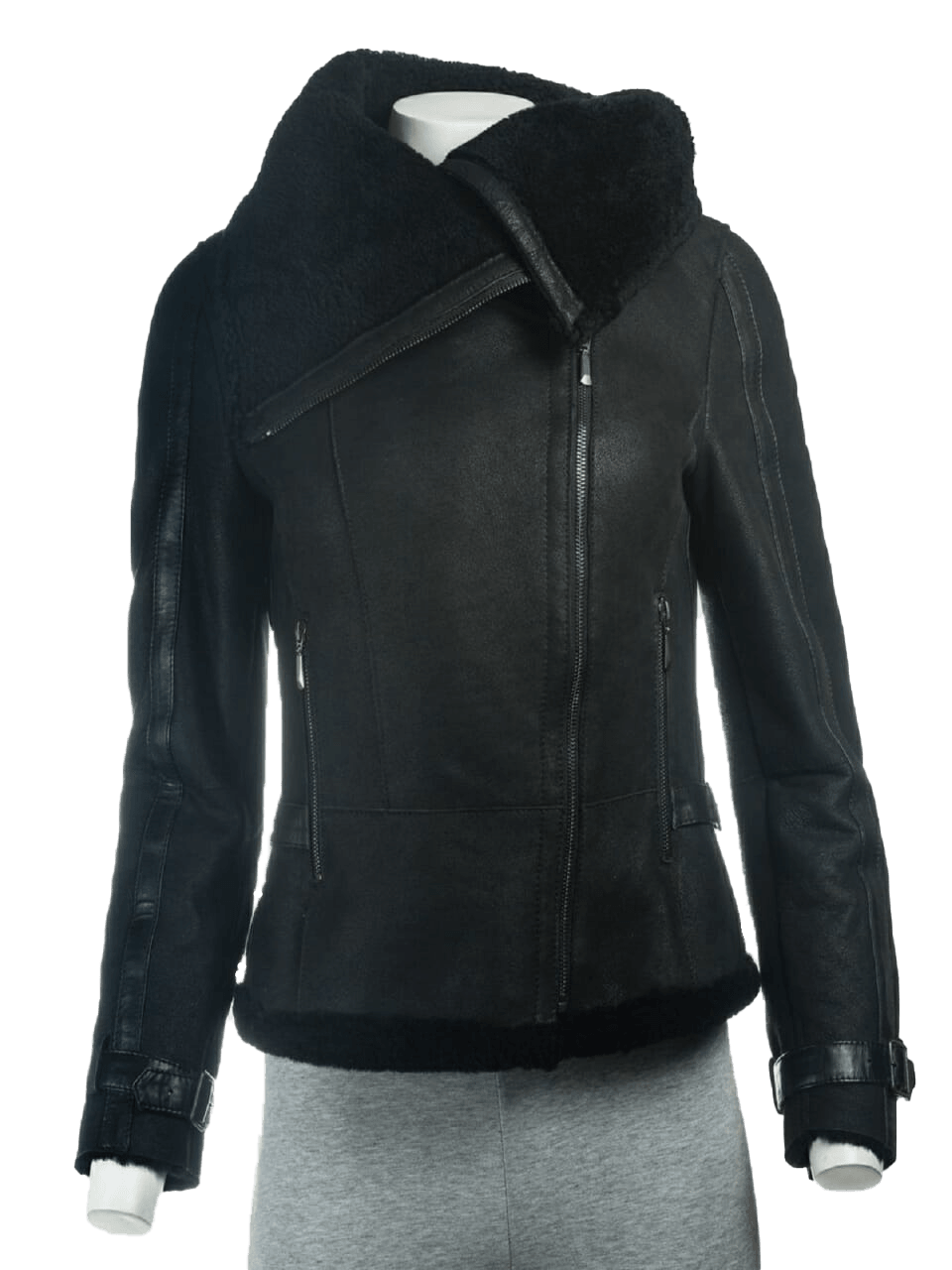 Women's B3 Black Shearling Oversized Collar Jacket | Womens Faux Sherling B3 Black Leather Jacket - Button Stitched