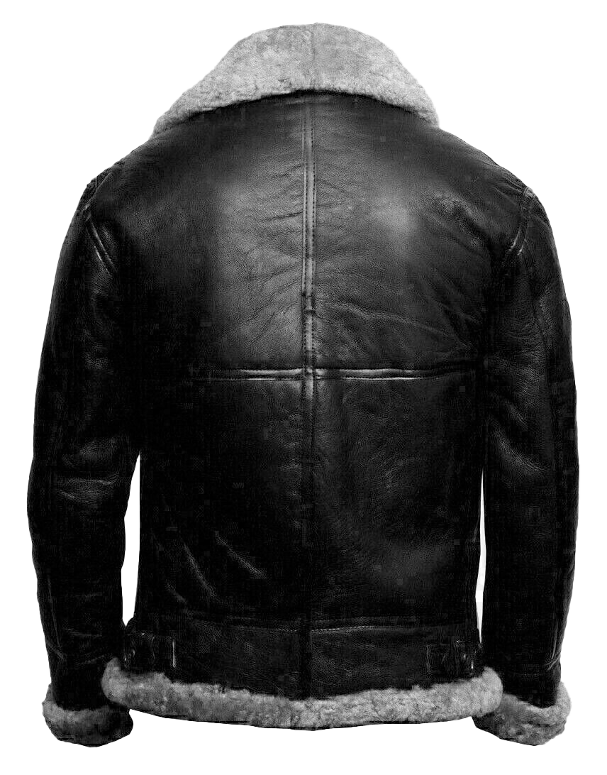 Men's RAF Aviator B3 Flying Bomber Sheep Skin Real Leather Jacket Black Grey - Button Stitched