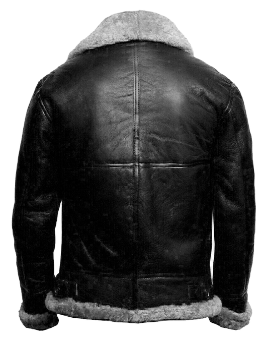 Men's RAF Aviator B3 Flying Bomber Sheep Skin Real Leather Jacket Black Grey - Button Stitched