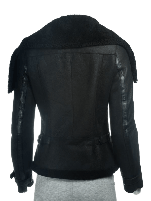 Women's B3 Black Shearling Oversized Collar Jacket | Womens Faux Sherling B3 Black Leather Jacket - Button Stitched