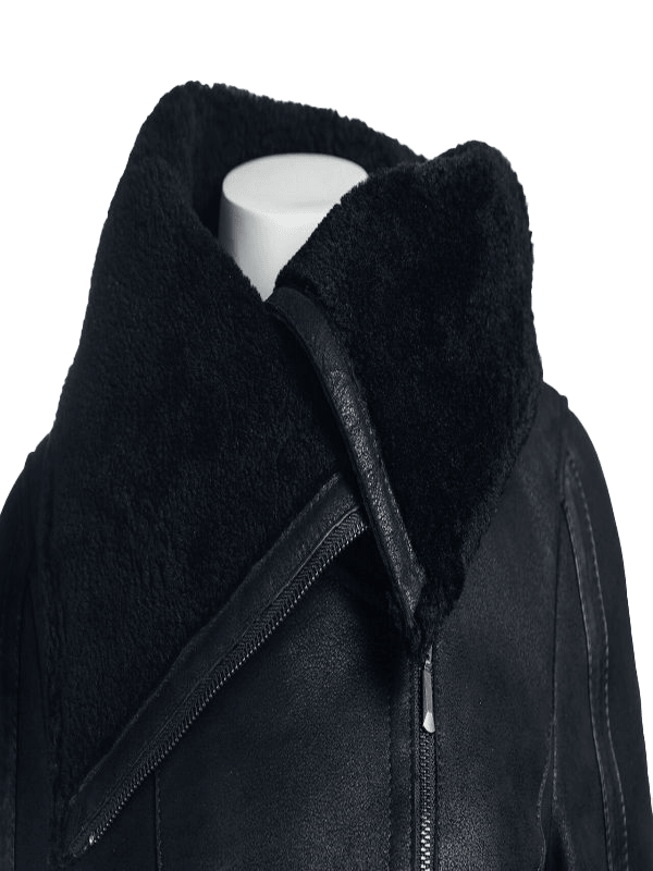 Women's B3 Black Shearling Oversized Collar Jacket | Womens Faux Sherling B3 Black Leather Jacket - Button Stitched