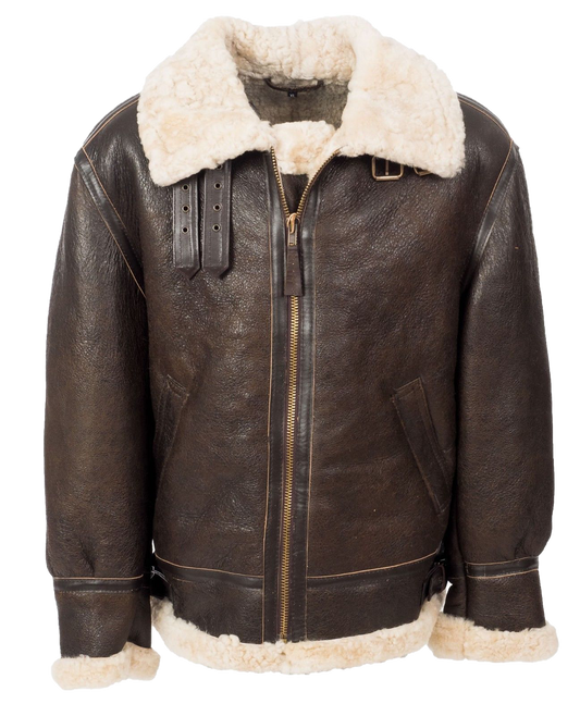 Premium RAF Pilot Genuine Shearling Brown Leather Jacket | Men's Bomber Jacket - Button Stitched