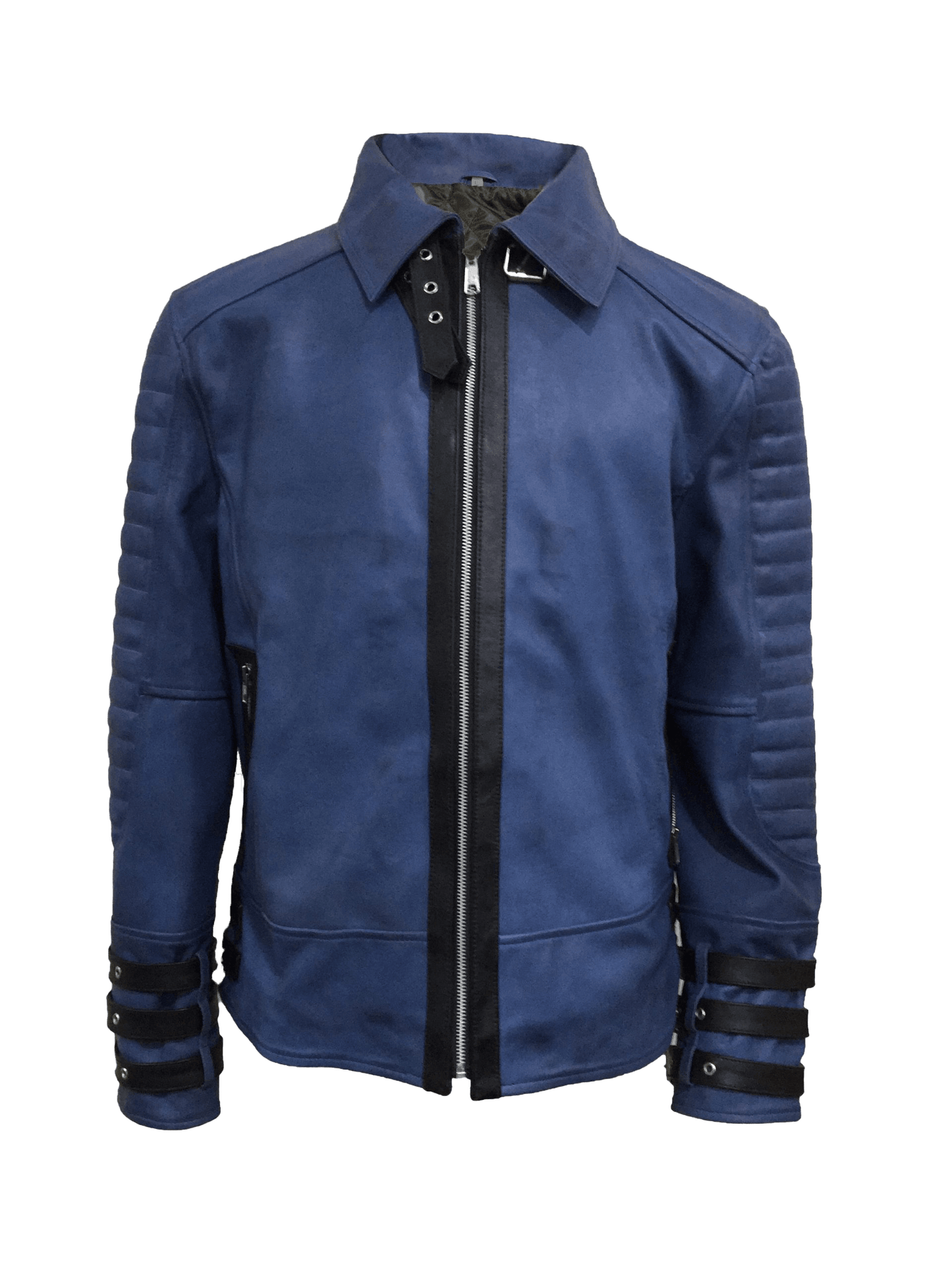 Men's Blue Quilted Style Point Collar Jacket | Mens Blue Quilted Style Leather Jacket - Button Stitched
