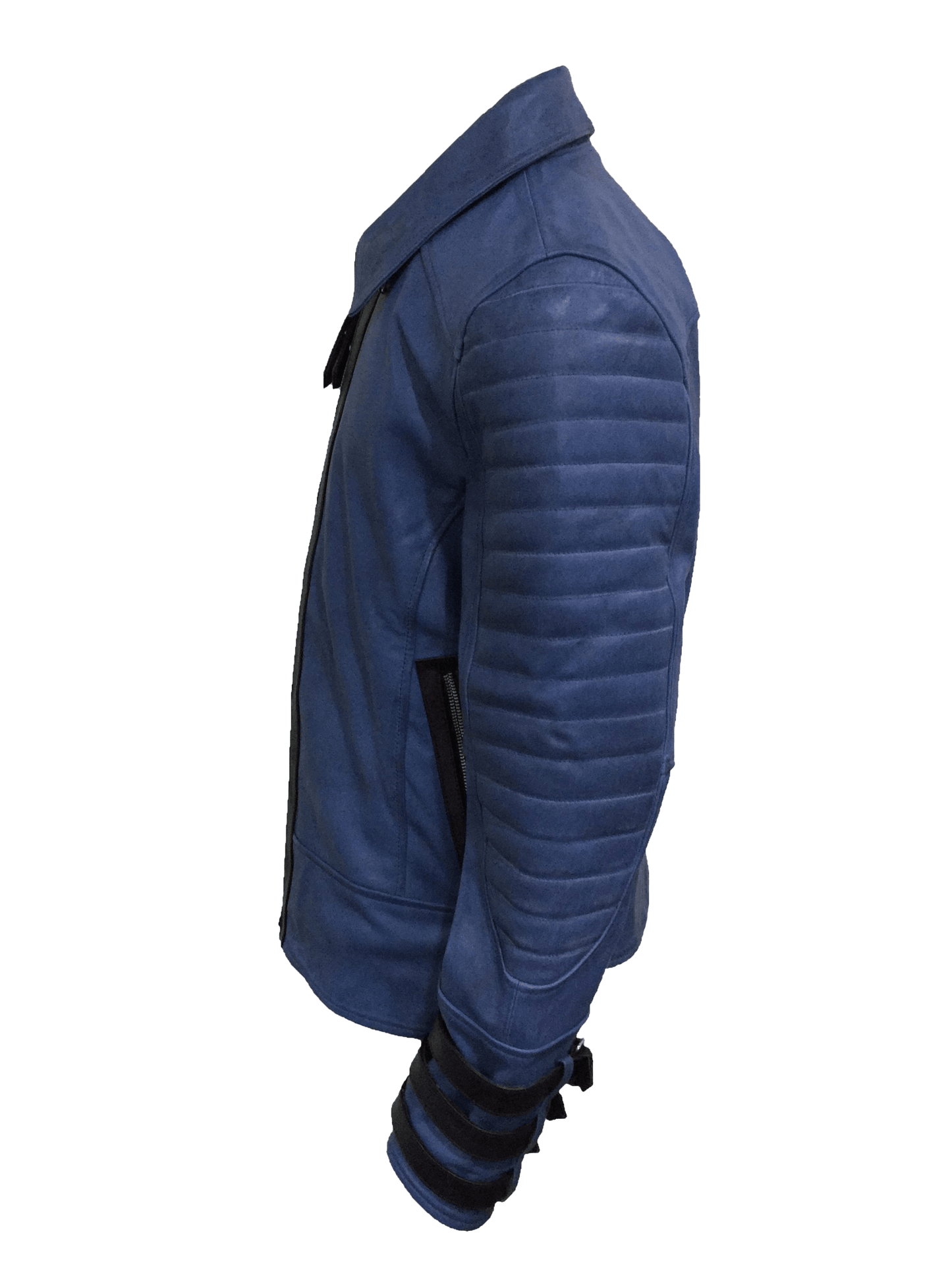 Men's Blue Quilted Style Point Collar Jacket | Mens Blue Quilted Style Leather Jacket - Button Stitched