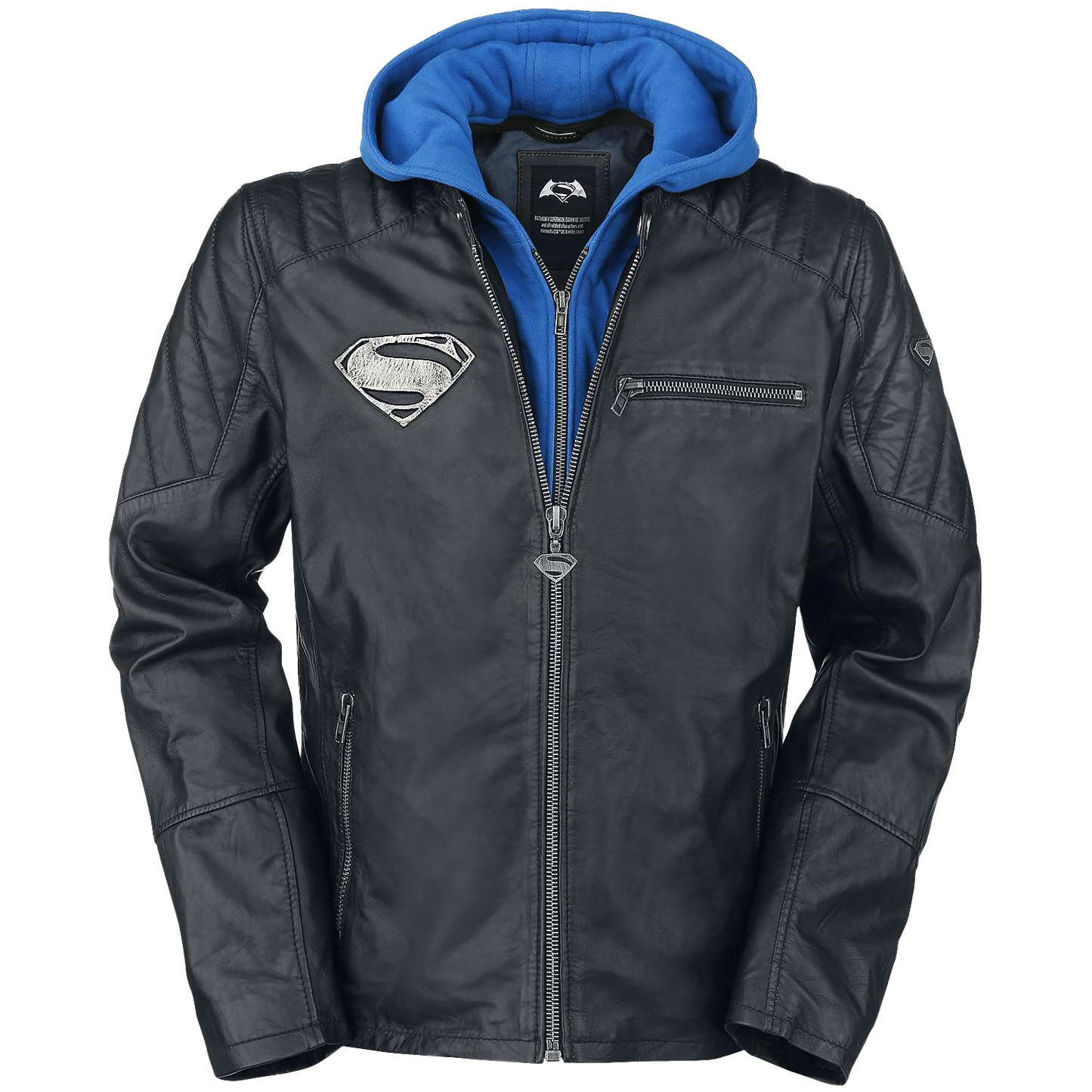 Men's Superhero S Logo Black Hooded Motorcycle Costume Leather Jacket | Mens Black Hooded Motorcycle Costume Leather Jacket - Button Stitched