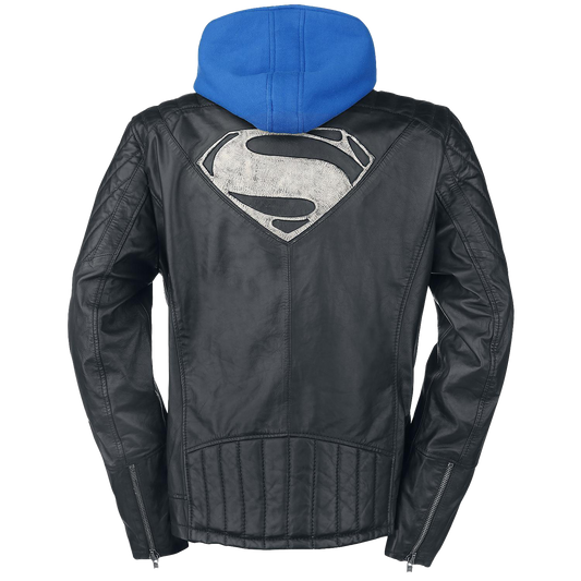 Men's Superhero S Logo Black Hooded Motorcycle Costume Leather Jacket | Mens Black Hooded Motorcycle Costume Leather Jacket - Button Stitched