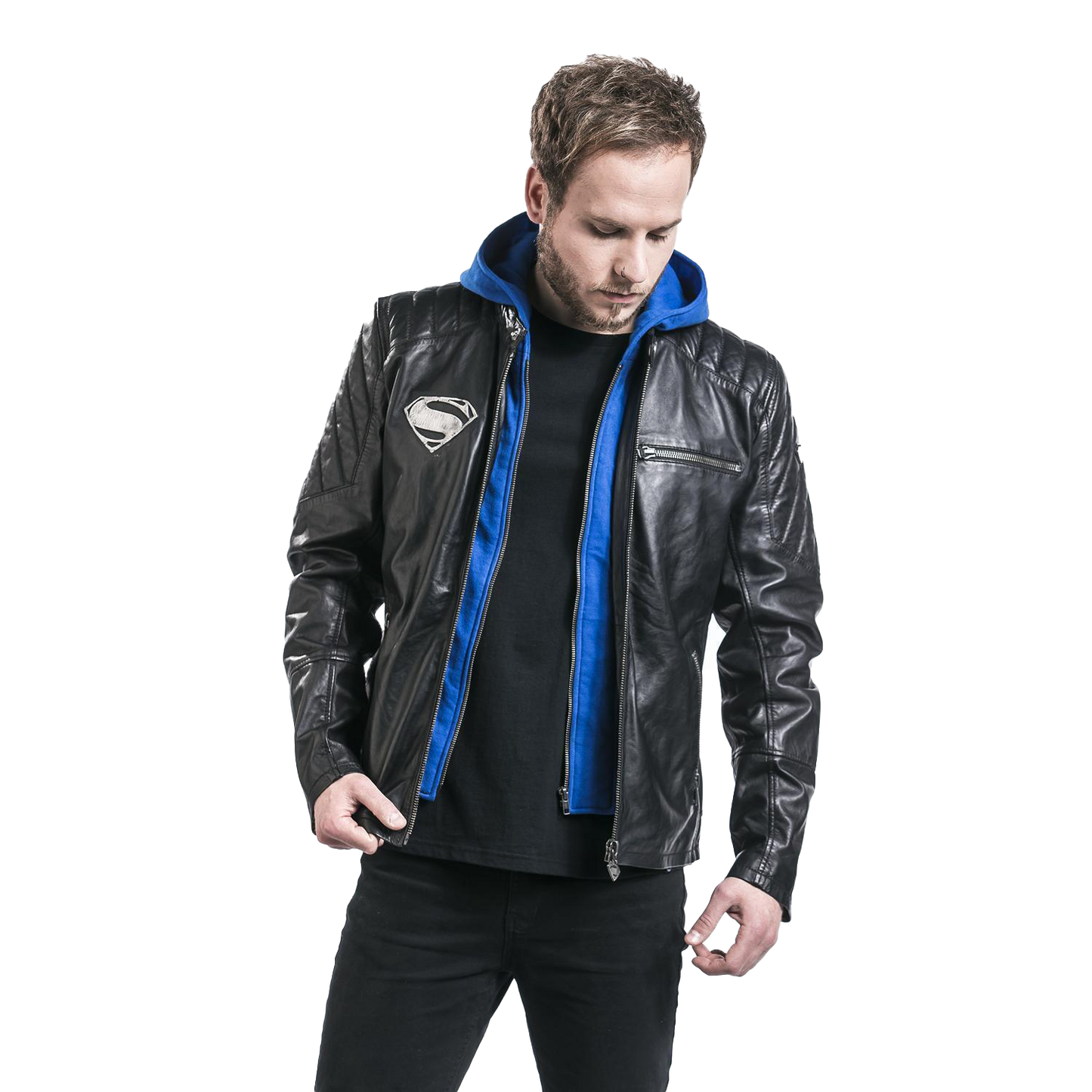 Men's Superhero S Logo Black Hooded Motorcycle Costume Leather Jacket | Mens Black Hooded Motorcycle Costume Leather Jacket - Button Stitched