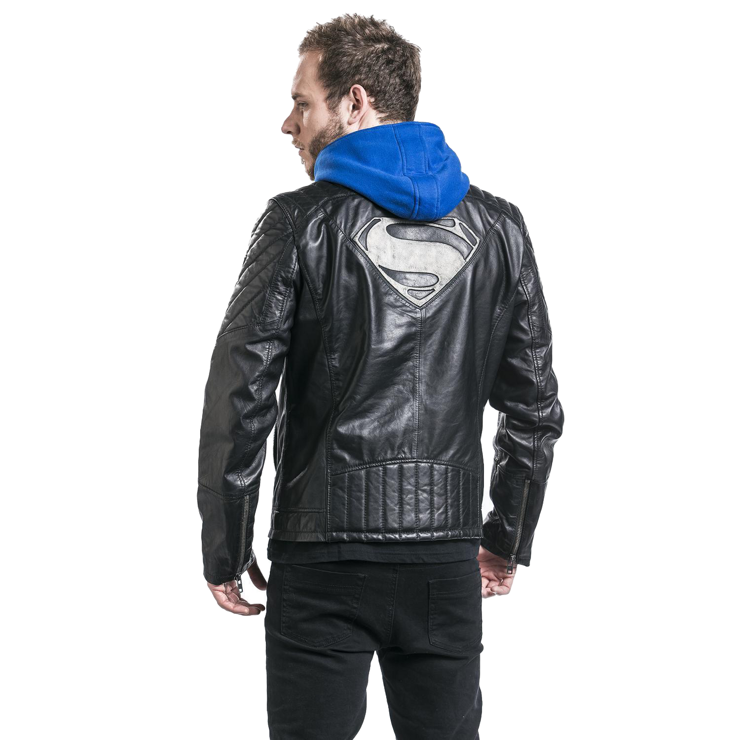 Men's Superhero S Logo Black Hooded Motorcycle Costume Leather Jacket | Mens Black Hooded Motorcycle Costume Leather Jacket - Button Stitched