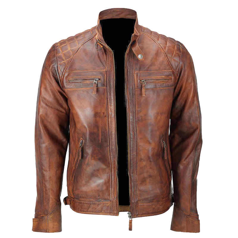 Men's Biker Quilted Vintage Distressed Brown Moto Cafe Racer Leather Jacket | Men's Biker Quilted Vintage Brown Moto Cafe Leather Jacket - Button Stitched