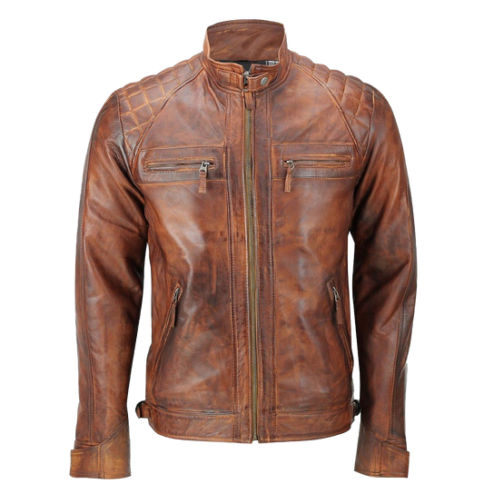 Men's Biker Quilted Vintage Distressed Brown Moto Cafe Racer Leather Jacket | Men's Biker Quilted Vintage Brown Moto Cafe Leather Jacket - Button Stitched