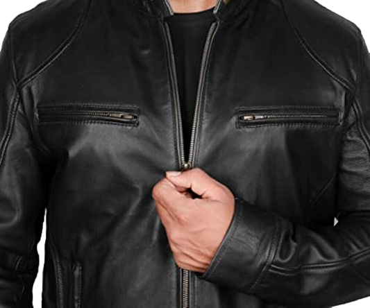 Mens Black Cafe Racer Brando Vintage Motorcycle Retro Biker Leather Jacket - Button Stitched