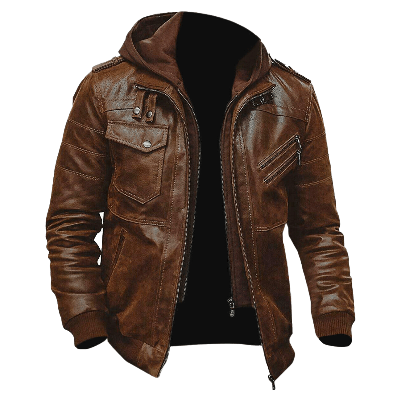 Men Brown Leather Motorcycle Jacket with Removable Hood | Mens Bown Leather Moto Jacket with Removable Hood - Button Stitched